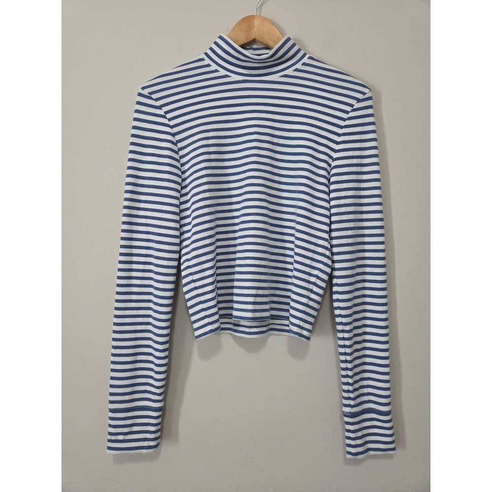 American‎ Eagle Womens XL Blue White Striped Mock Neck Cropped Ribbed Waffle Top